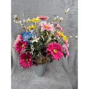 Artificial Floral Arrangement With Pink Yellow Blue & White Flowers In Metal Vas
